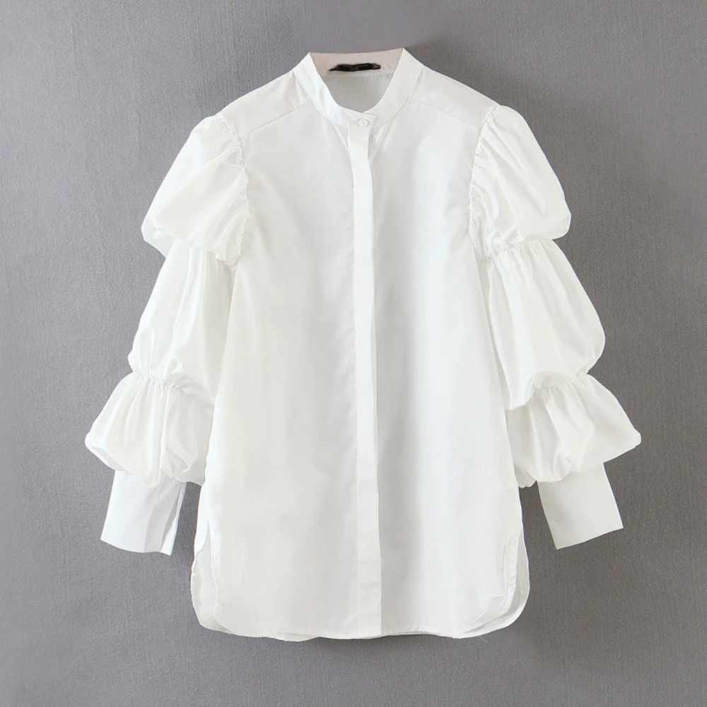 Womens Spring White Stand Collar Puff Sleeve Blouse
